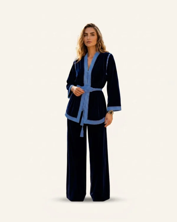 Azure Noir Velvet Kimono Set in Blue on Blue, velvet matching sets by Maison K-Loh