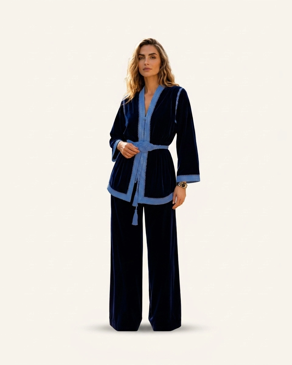 Azure Noir Velvet Kimono Set in Blue on Blue, velvet matching sets by Maison K-Loh