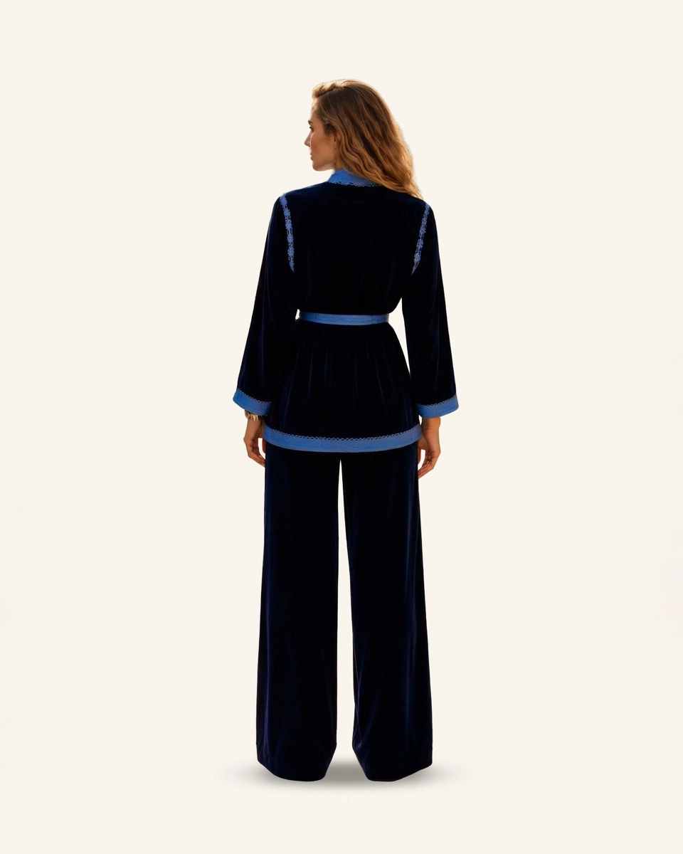 Azure Noir Velvet Kimono Set in Blue on Blue, velvet matching sets by Maison K-Loh, view 2