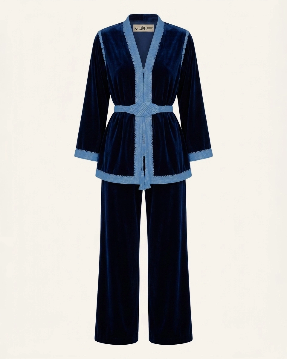 Azure Noir Velvet Kimono Set in Blue on Blue, velvet matching sets by Maison K-Loh, view 3