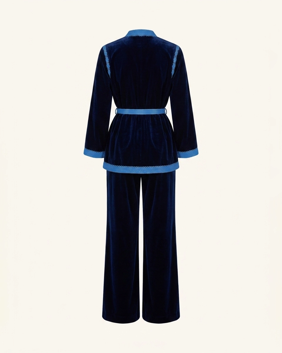 Azure Noir Velvet Kimono Set in Blue on Blue, velvet matching sets by Maison K-Loh, view 4