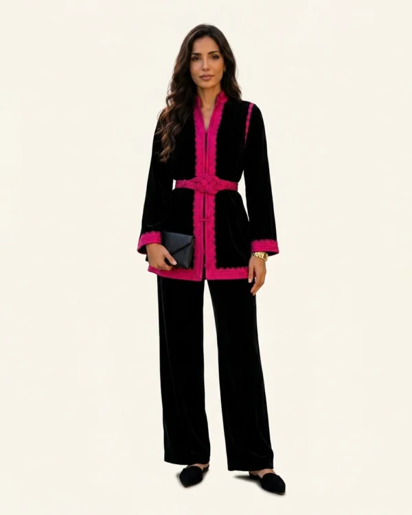 Azure Noir Velvet Kimono Set in Pink on Blue, velvet matching sets by Maison K-Loh