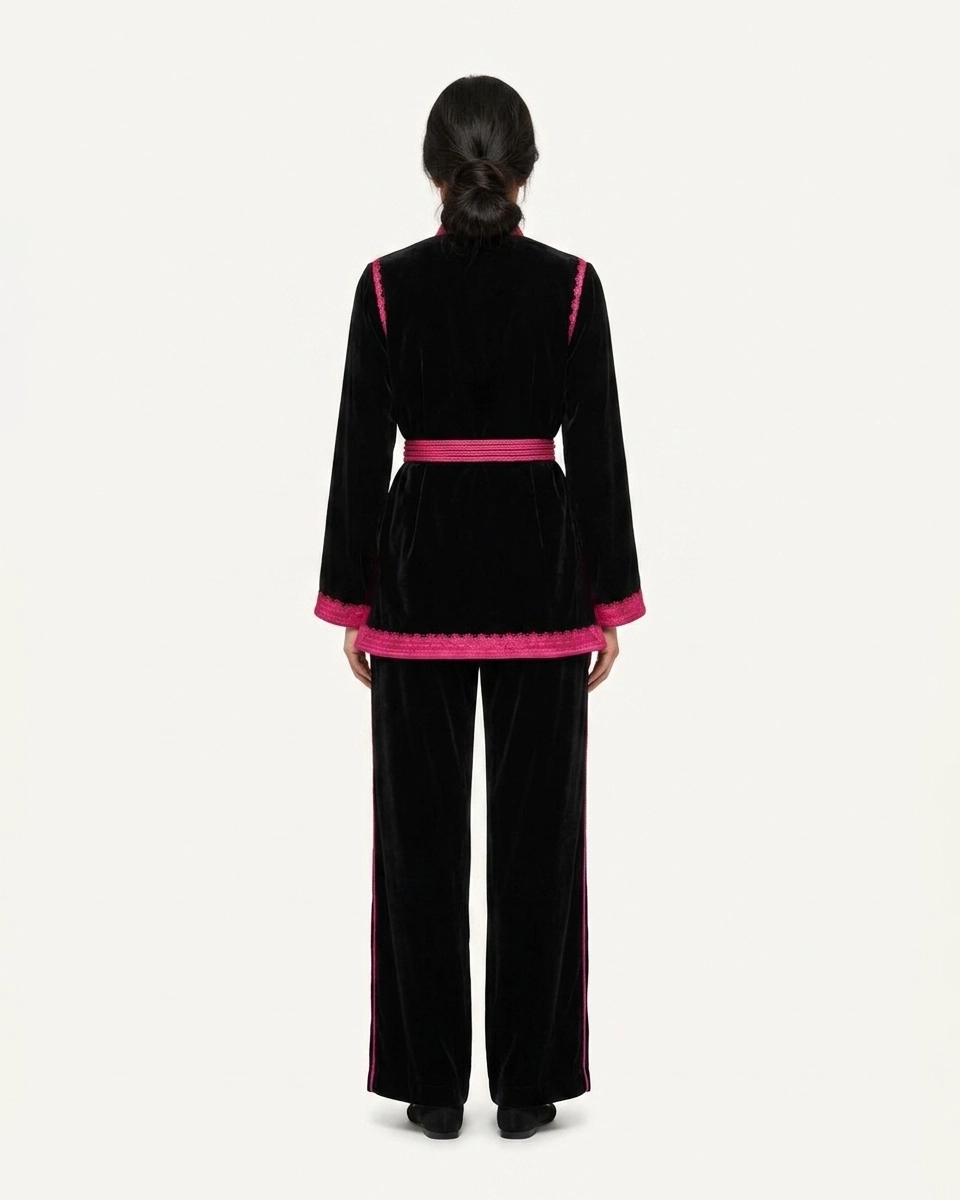 Azure Noir Velvet Kimono Set in Pink on Blue, velvet matching sets by Maison K-Loh, view 2