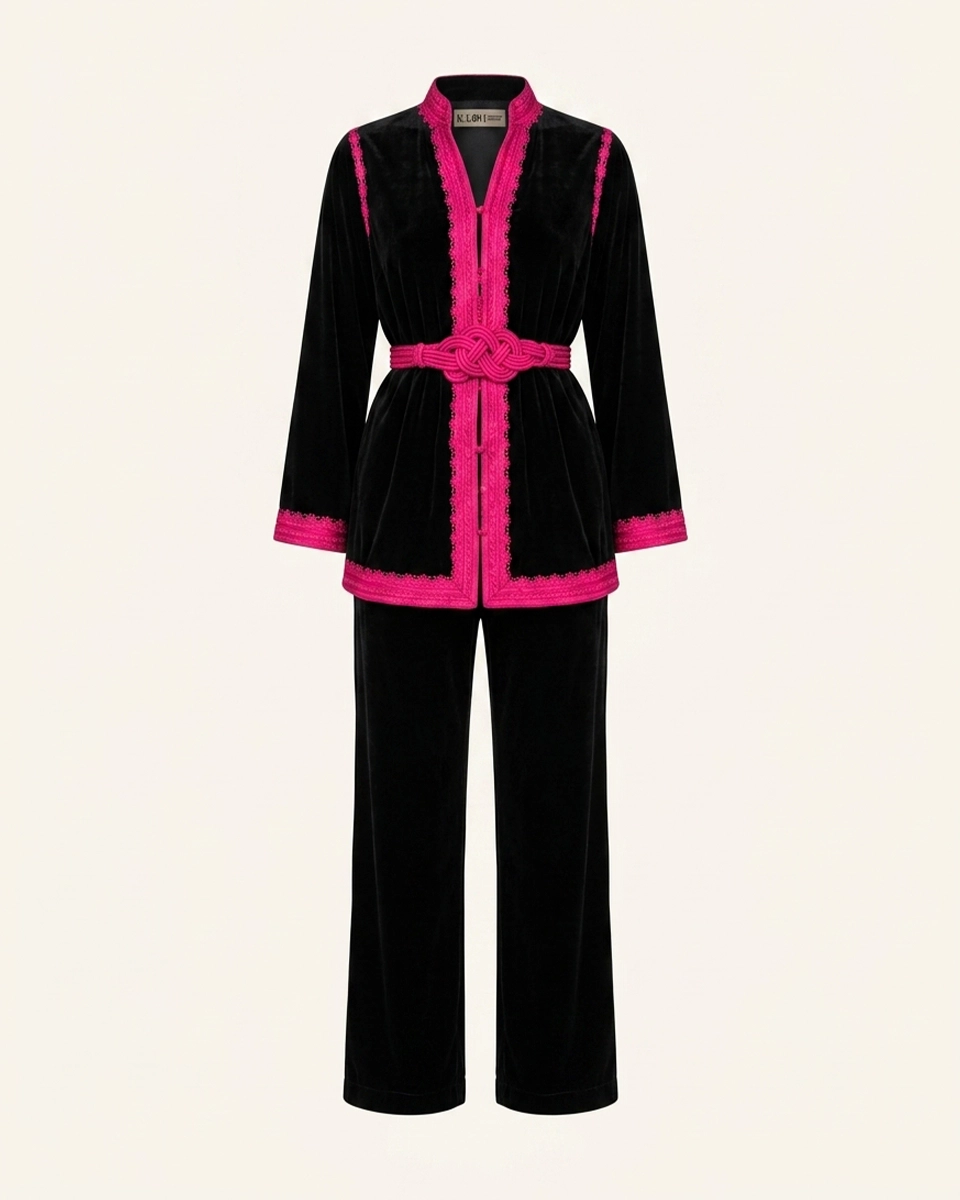 Azure Noir Velvet Kimono Set in Pink on Blue, velvet matching sets by Maison K-Loh, view 3