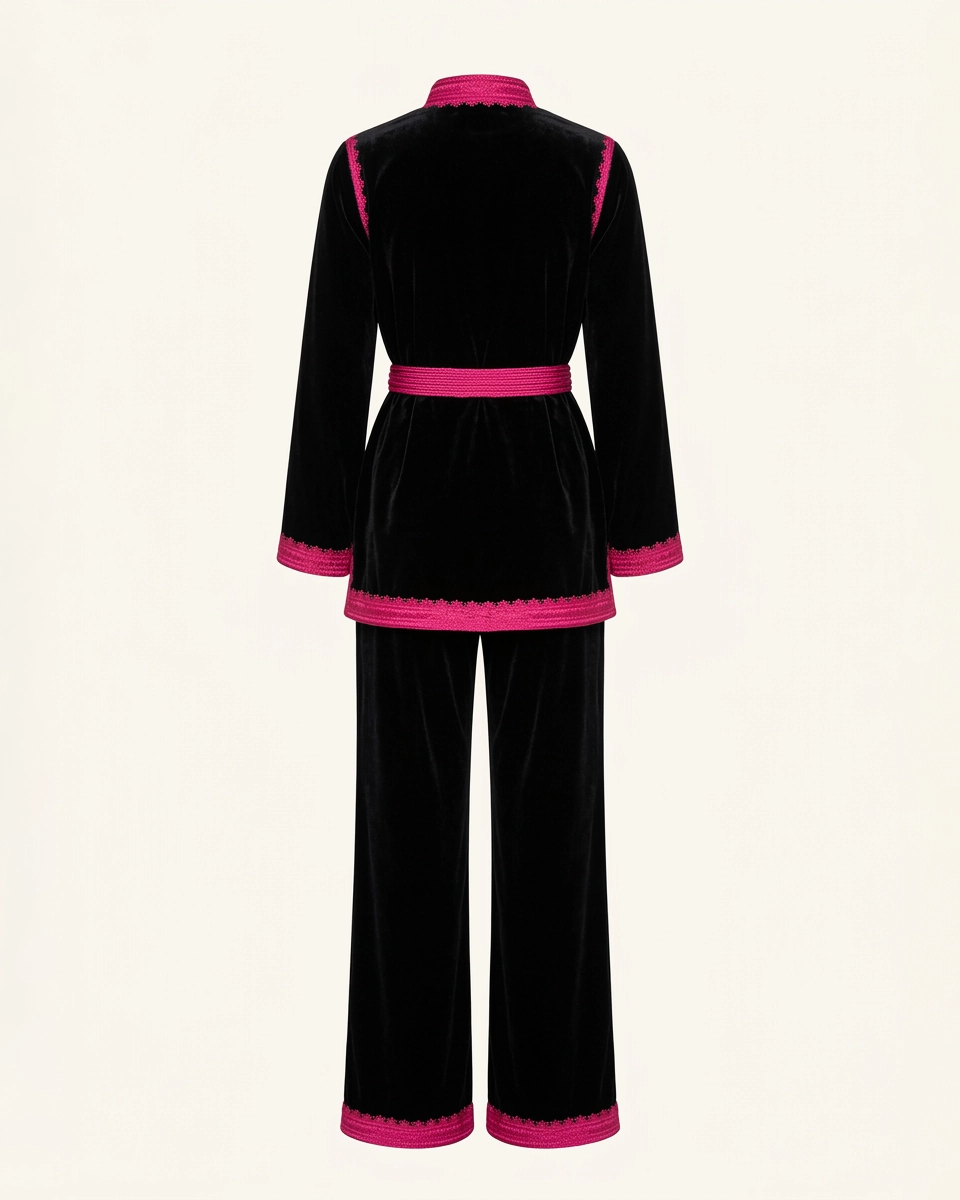 Azure Noir Velvet Kimono Set in Pink on Blue, velvet matching sets by Maison K-Loh, view 4