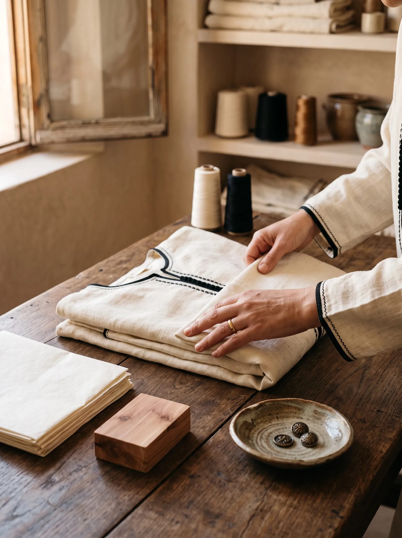 Folding a cream linen caftan with tissue and cedar at the atelier