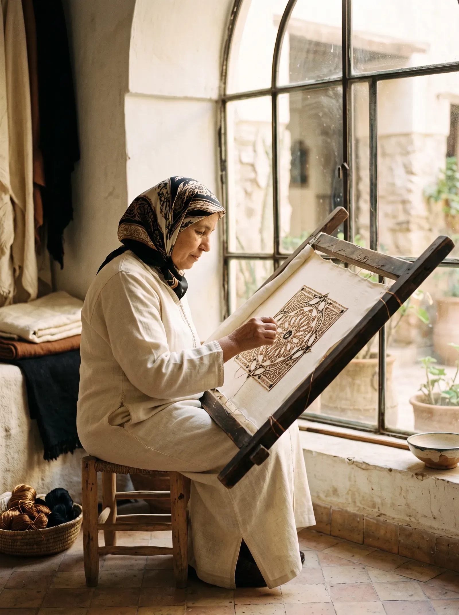 Embroidery in progress at the Maison K-Loh atelier