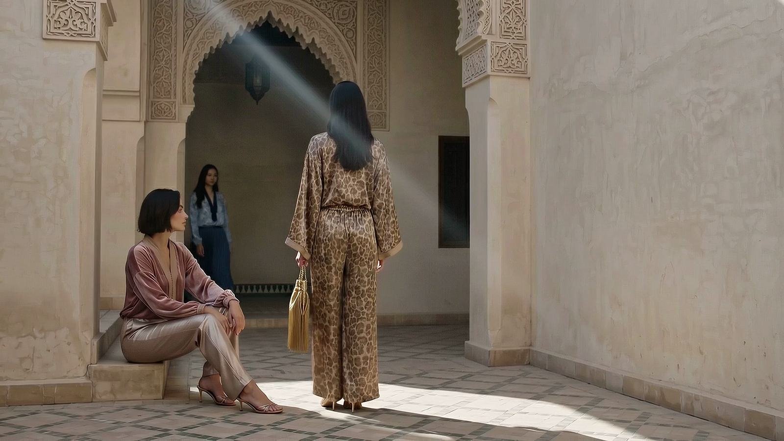 Three women in Maison K-Loh silk and velvet pieces in a sunlit Moroccan courtyard