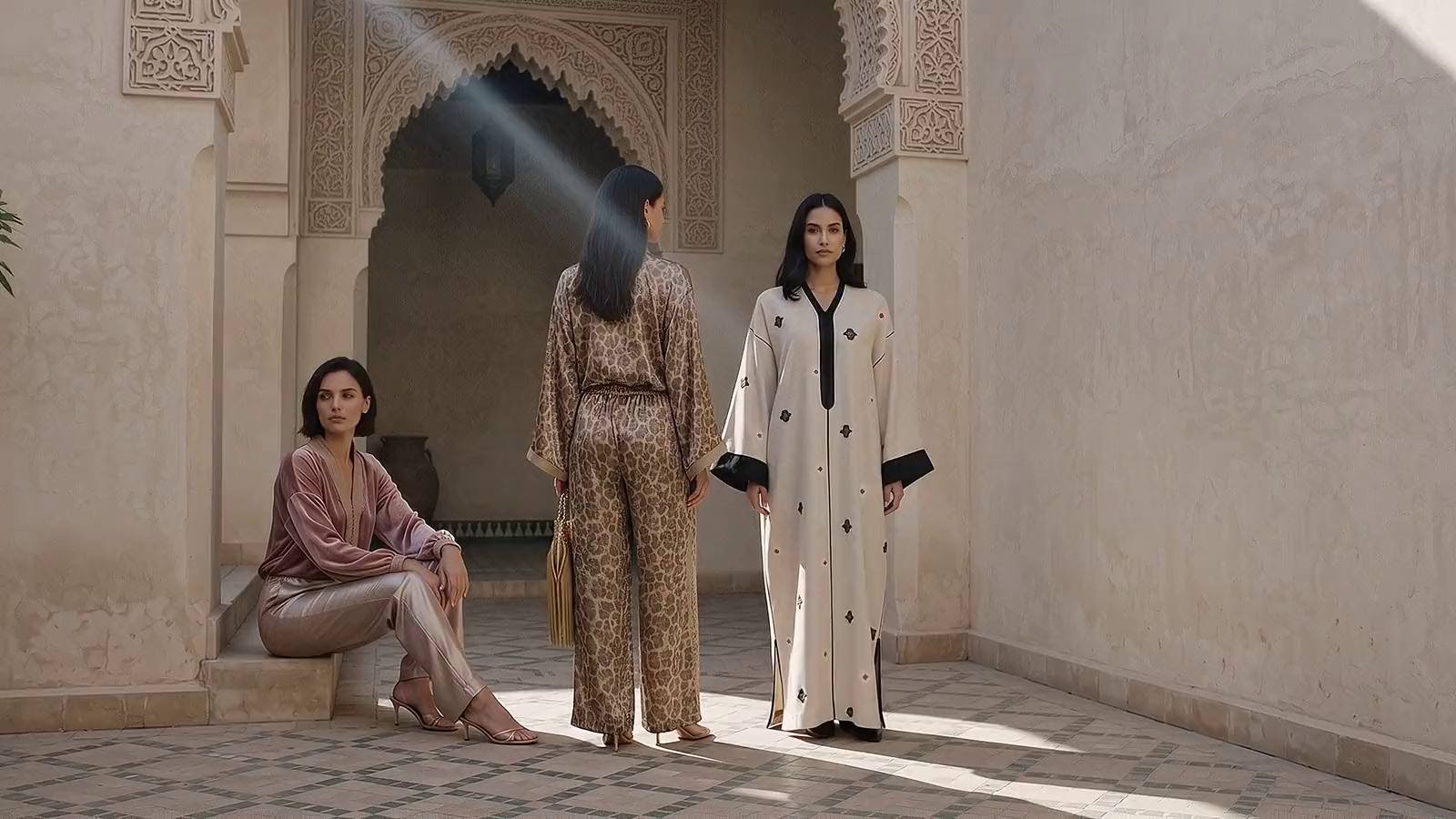 Three women in Maison K-Loh caftans standing in a sunlit Moroccan courtyard