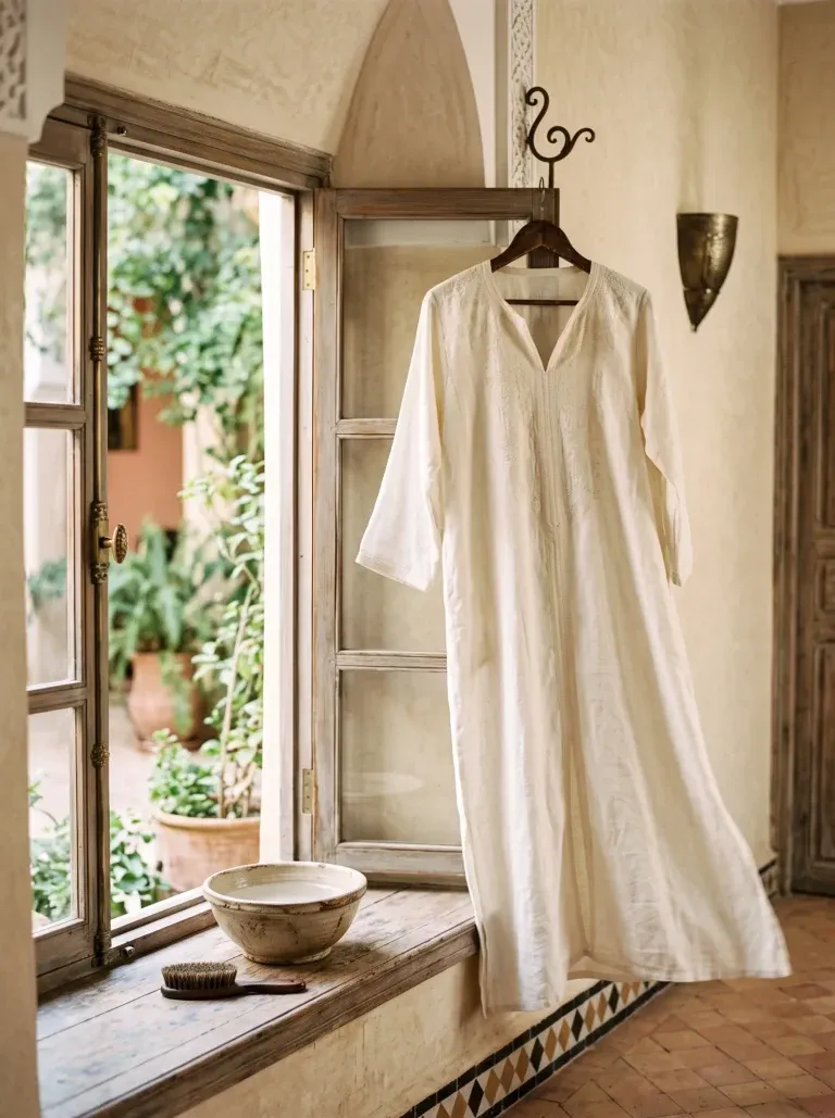 A white linen kaftan on a wooden hanger in the open window of a Moroccan riad, with a garden beyond and a ceramic bowl on the sill