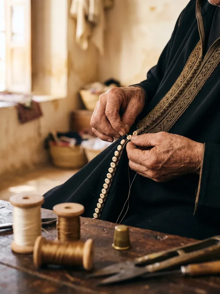 An artisan's hands stitching a row of hand-knotted buttons onto a dark caftan at a workbench, beside wooden thread spools and embroidery tools