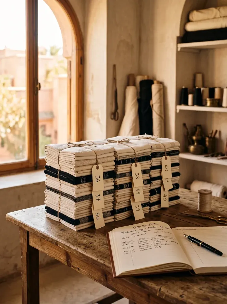 Numbered bundles of folded cloth stacked on a wooden atelier table by an arched window, next to an open ledger recording each edition