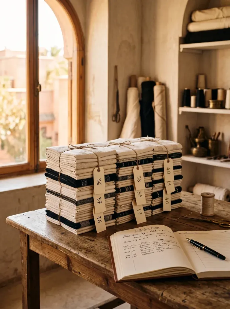 Numbered bundles of folded cloth stacked on a wooden atelier table by an arched window, next to an open ledger recording each edition