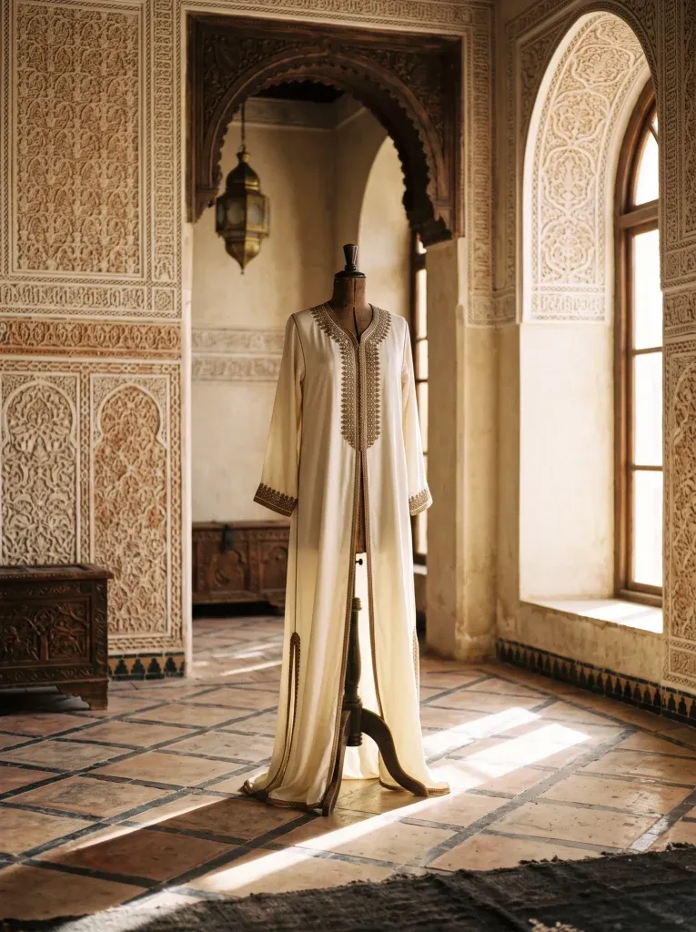 A cream caftan on a dress form standing in a carved Moroccan archway, lit by a window above a zellige tiled floor
