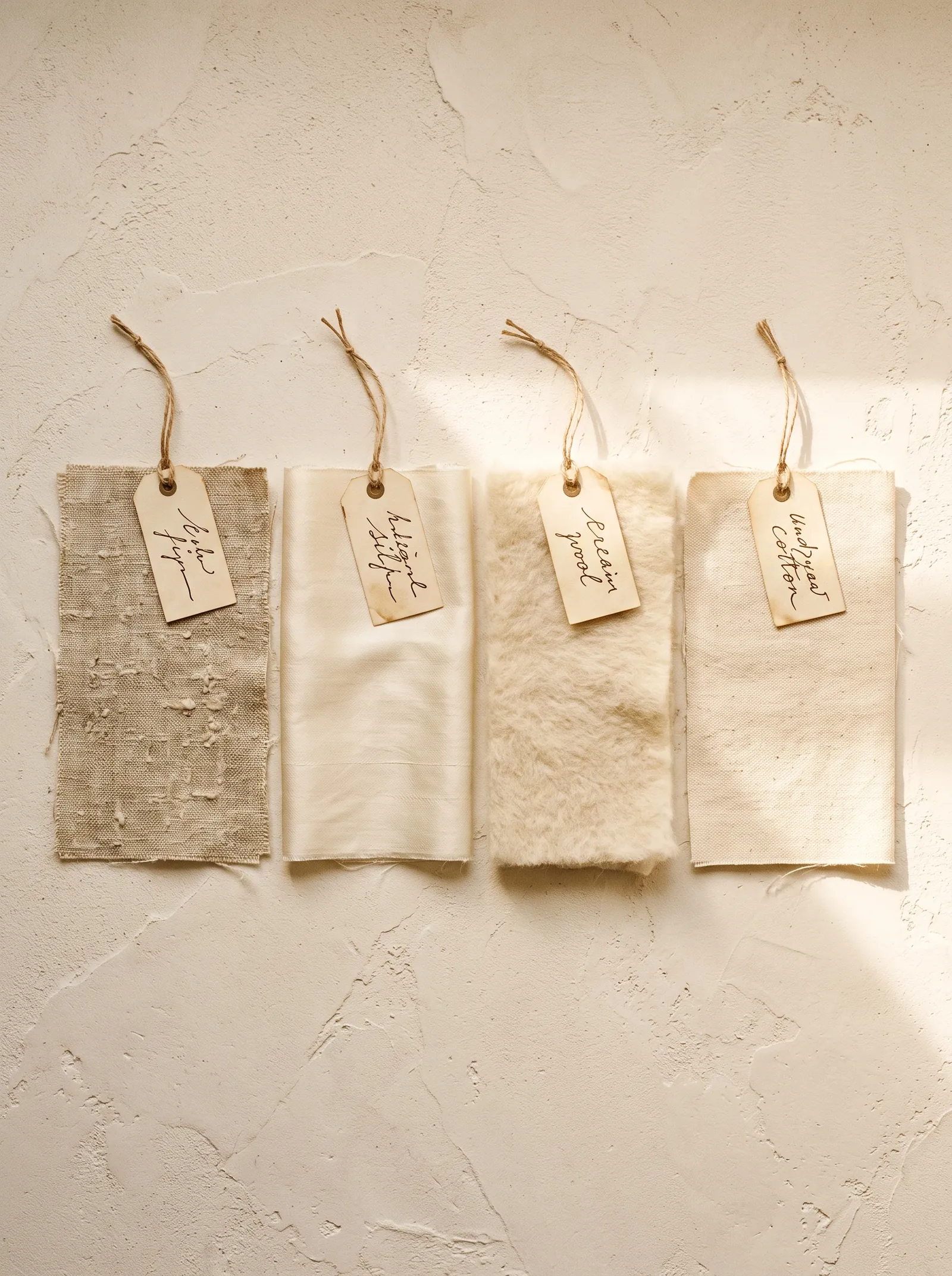 Four natural fibre swatches, linen, silk, wool and cotton, pinned to a plaster wall with handwritten tags in raking daylight