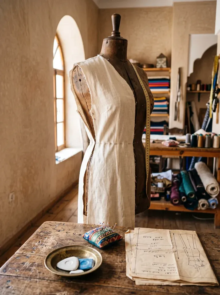 A half-pinned cream linen toile on an antique wooden dress form in a Moroccan atelier, a tape measure over the shoulder and paper patterns on the table