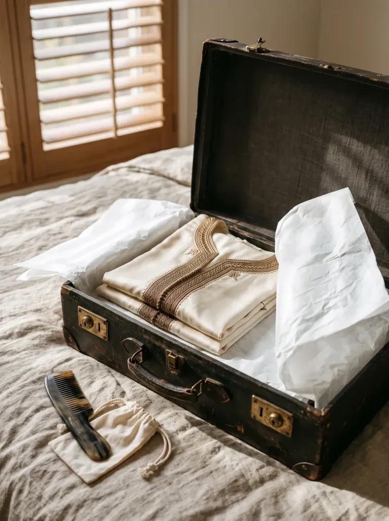A cream caftan with bronze sfifa braid folded in white tissue paper inside an open vintage leather suitcase, a horn comb resting beside it