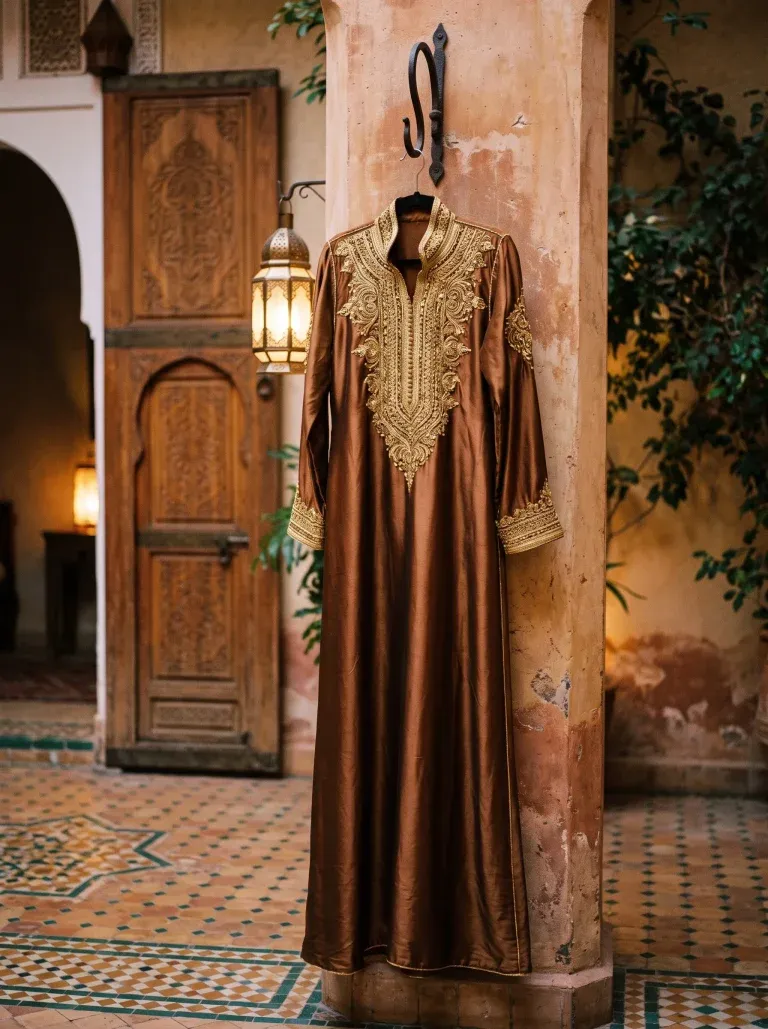 A floor-length bronze silk caftan with gold embroidery hanging from an iron hook on a plaster column in a Moroccan riad courtyard, a lit lantern nearby