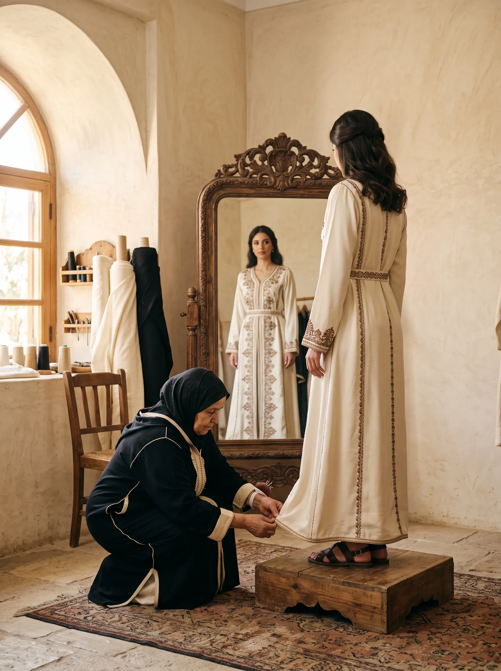 A fitting adjustment at the Maison K-Loh atelier